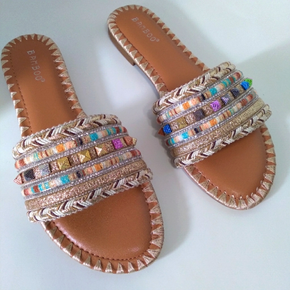 BAMBOO Gold & Brown Multi-Color Boho Embellished Sandals
